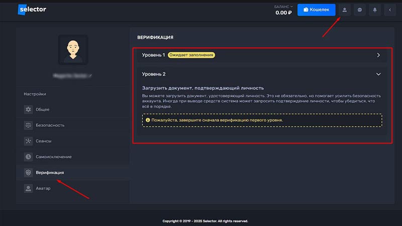 Верификация в Selector Casino